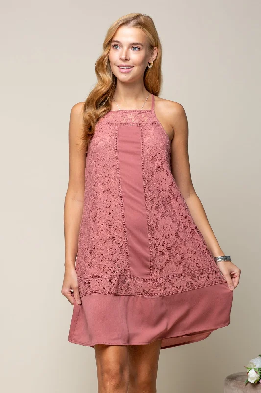Women's Rounded Collar DressesShort Mixed Lace High Neck Shift Dress