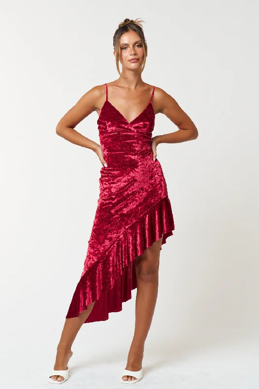 Women's Shawl Collar DressesHigh Low Spaghetti Strap Ruffled Velvet Dress