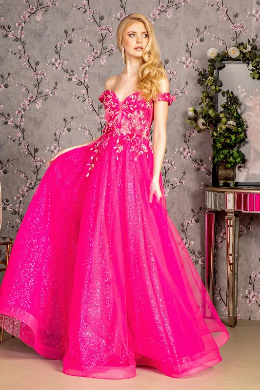 Women's V-Shaped Collar DressesLong Formal 3D Flower A line Prom Dress
