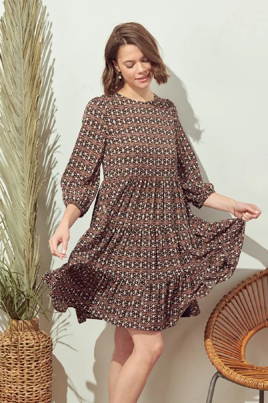 Women's Pleated DressesShort Boho Bubble Sleeve Tiered Dress