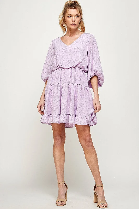 Women's Mandarin Collar DressesShort Printed Ruffled 3/4 Sleeve Dress