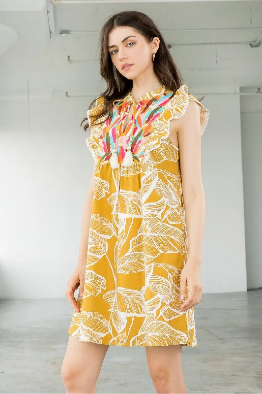 Women's Shawl Collar DressesShort Embroidered Ruffle Leaf Dress