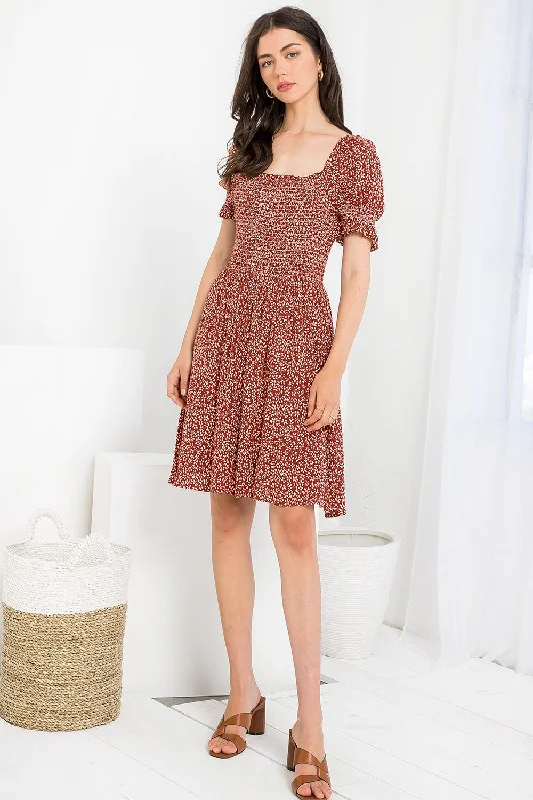 Women's High Collar DressesShort Floral Print Smocked Dress