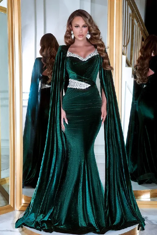 Women's Notched Collar DressesPortia and Scarlett PS23394 Long Cape Sleeve Velvet Mermaid Prom Gown Women's Notched Collar DressesPortia and Scarlett PS23394 Long Cape Sleeve Velvet Mermaid Prom Gown