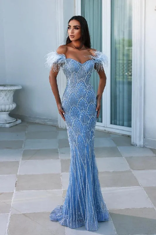 Women's Keyhole-Back DressesPortia and Scarlett PS23994 Long Off Shoulder Feather Prom Gown Women's Keyhole-Back DressesPortia and Scarlett PS23994 Long Off Shoulder Feather Prom Gown