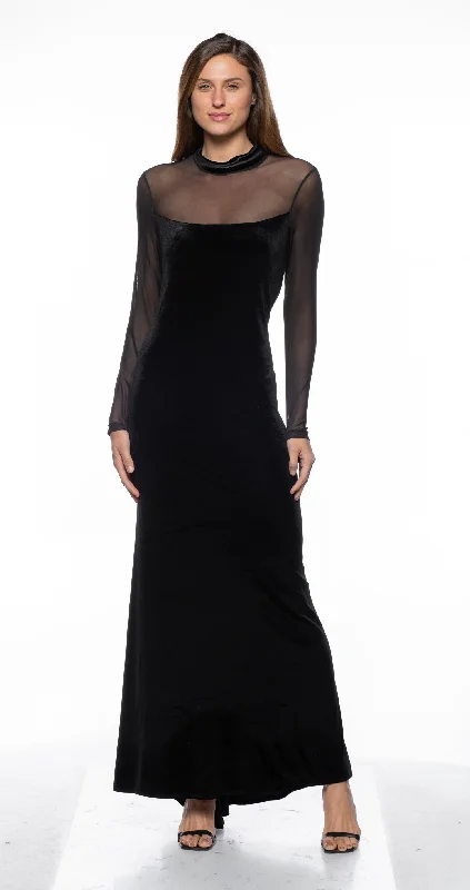 Women's Peter Pan Collar DressesMarina  Long Velvet Mesh Sleeve Dress