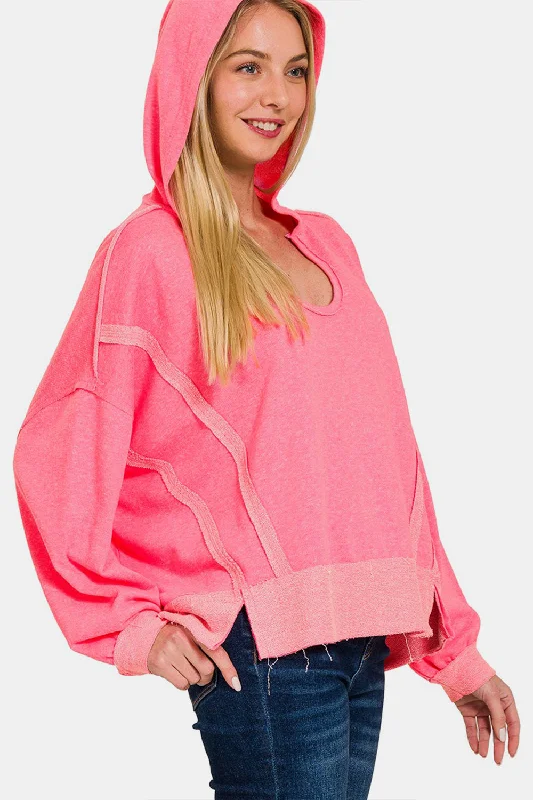 Women's Blouse with SequinsContrast Trim Slit Hoodie