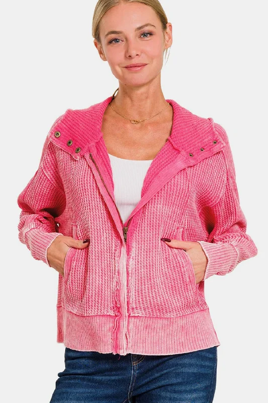 Women's Blouse with V-Shaped HemWashed Zip Up Hooded Jacket