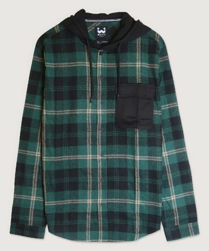 Women's Blouse for PartyContrast Pocket Plaid Hooded Shirt