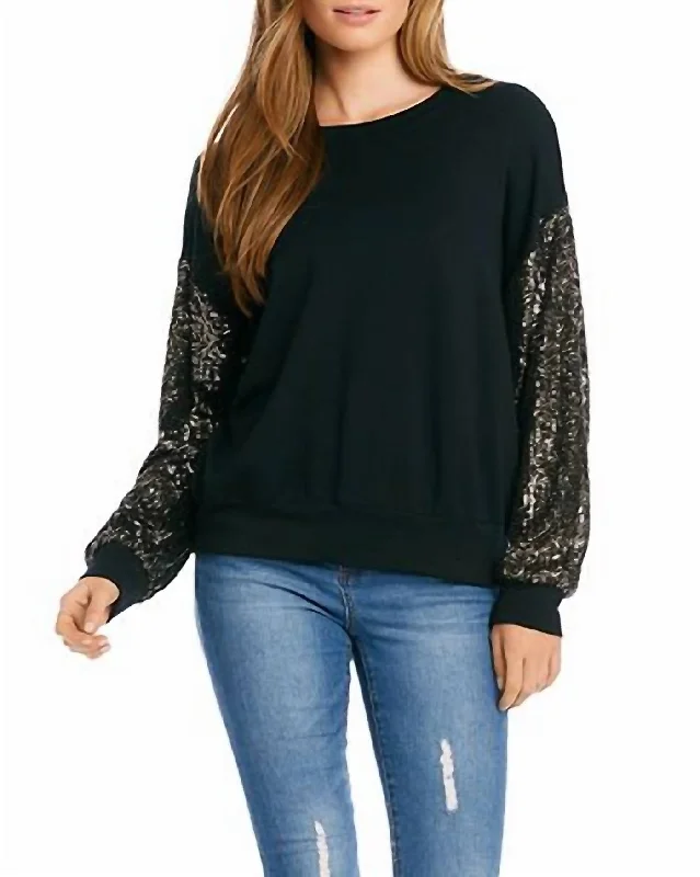 Women's Blouse with High CollarSequin Sleeve Top In Black