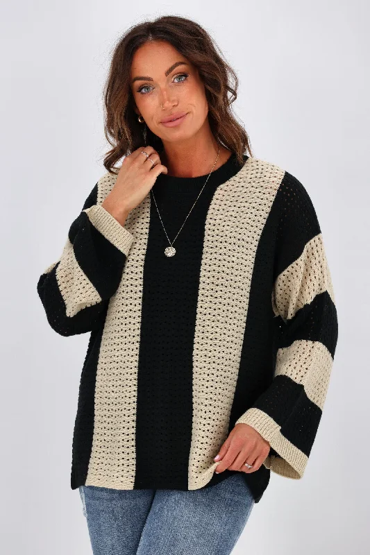 Women's Blouse with FlouncesShine On Label Vertical Stripe Jumper Black Oatmeal