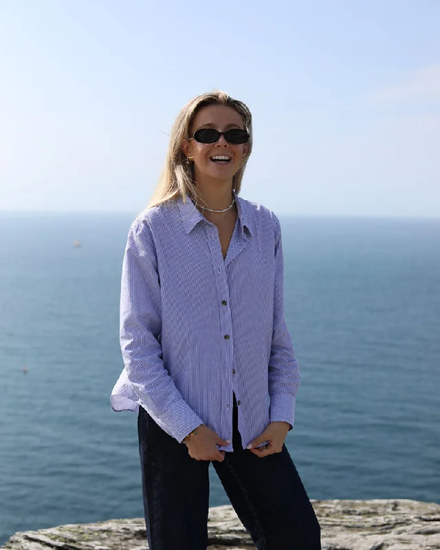 Women's Blouse with Fur TrimThe Penny Shirt | Blue Pin Stripe