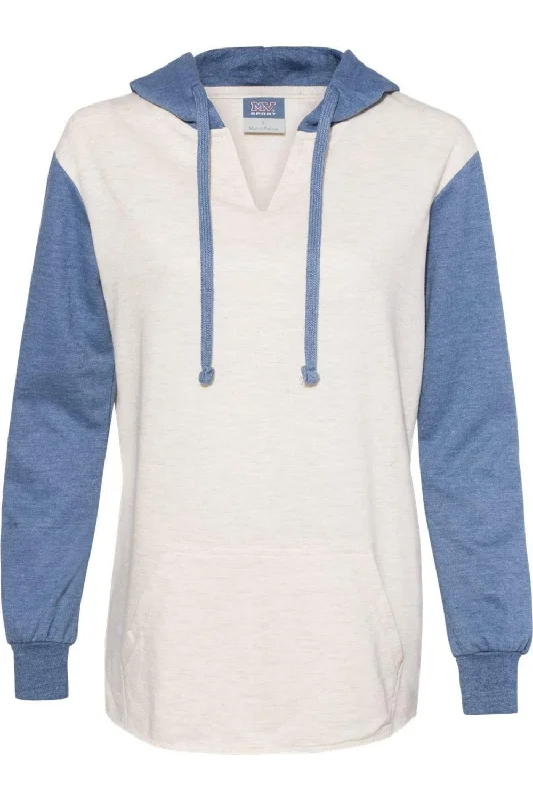 Women's Button-Up BlouseMV Sport Womens French Terry Hooded Pullover with Colorblocked Sleeves Women's Button-Up BlouseMV Sport Womens French Terry Hooded Pullover with Colorblocked Sleeves