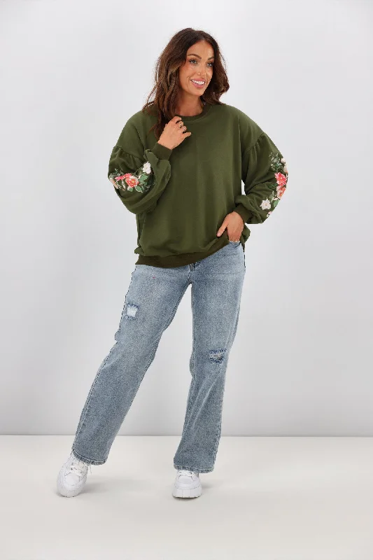 Women's Blouse with Cap SleevesShine On Label Rosetta Embroidered Sleeve Crew Olive