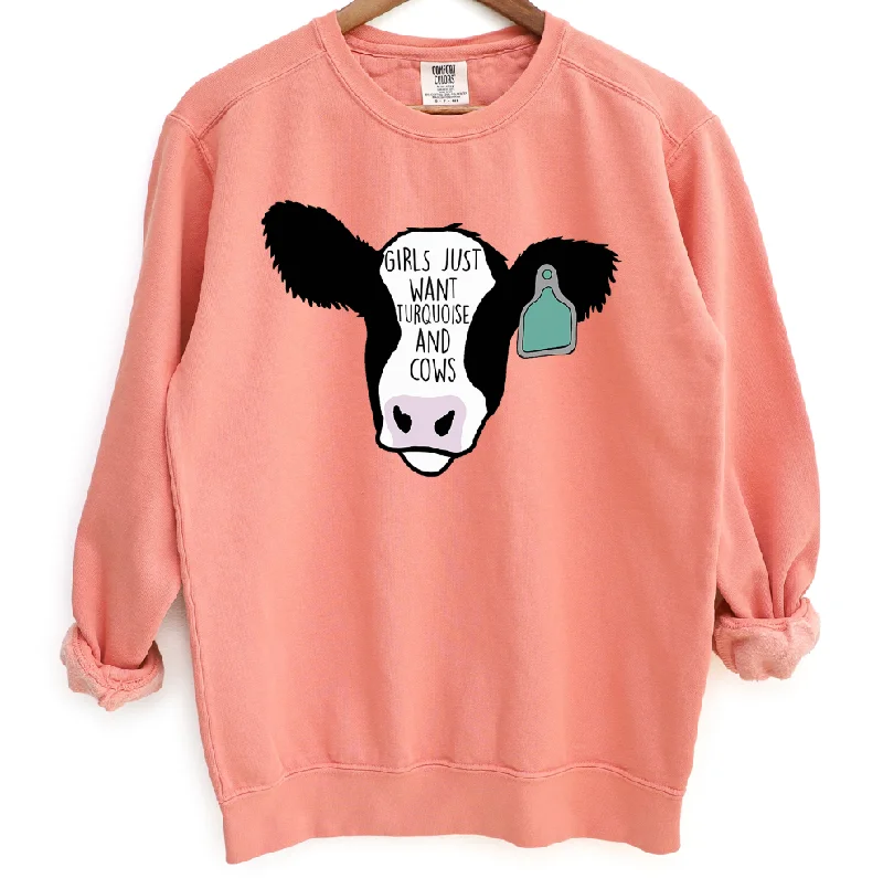 Women's Blouse with U-Shaped NeckTurquoise and Cows Crewneck (S-3XL) - Multiple Colors!