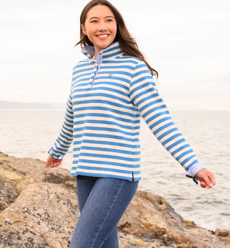 Women's Blouse with Mandarin CollarHaven Jersey - Azure Blue Stripe