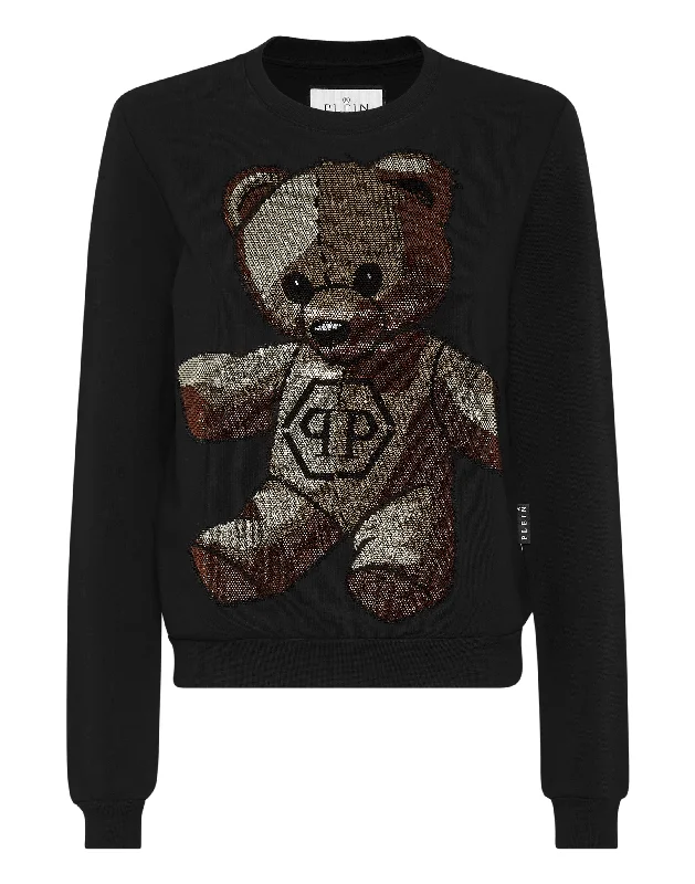 Women's Blouse with Narrow CollarSweatshirt with Crystals Teddy Bear