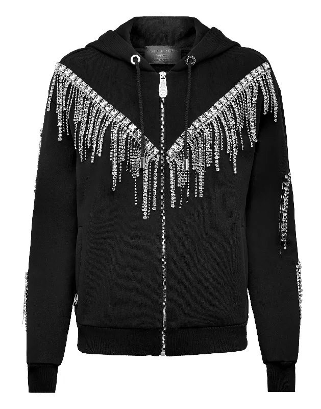Women's Blouse with Wide CollarHoodie Sweatjacket Crystal Fringe