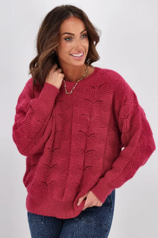 Women's Blouse with Keyhole NeckShine On Label Marisol Pointelle Jumper Claret