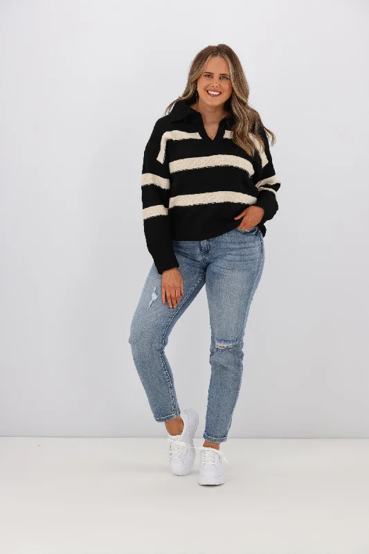 Women's Blouse with High CollarCharlotte the Label Thalia Stripe Knit Black