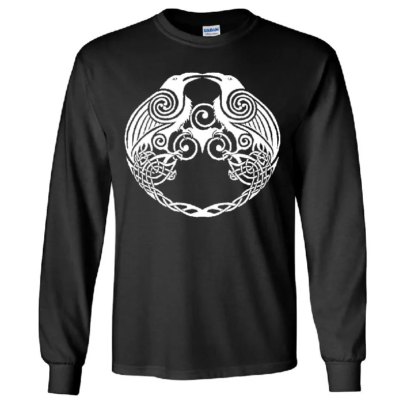 Women's Blouse with FlouncesDual Raven White Print Long Sleeve Shirt
