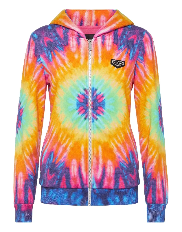 Women's Blouse with Shirt CollarHoodie sweatshirt Full Zip Tie dye