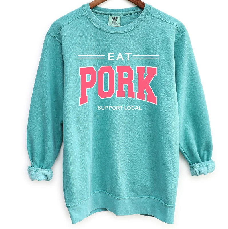 Women's Long-Sleeve BlouseEat Pork Support Local PINK Crewneck (S-3XL) - Multiple Colors!