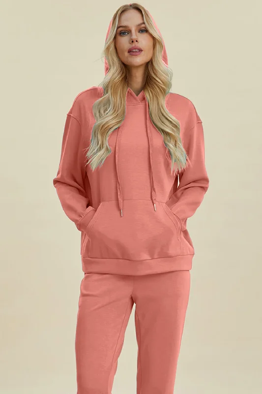 Women's Blouse with Gathered SleevesFull Size Air Scuba Drawstring Long Sleeve Hoodie with Kangaroo Pocket