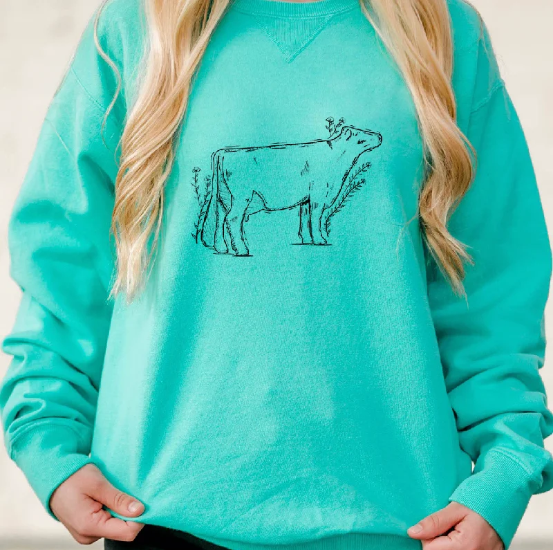 Women's Blouse with High CollarFloral Sketch Dairy Cow Crewneck (S-3XL) - Multiple Colors!