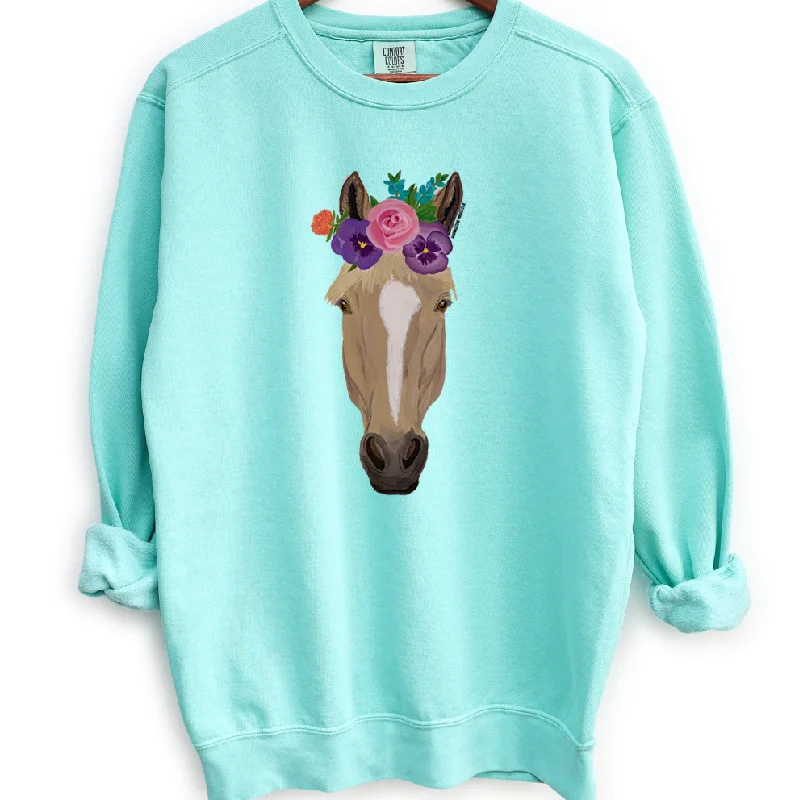 Women's Blouse with Collarless DesignHorse Flower Crewneck (S-3XL) - Multiple Colors!