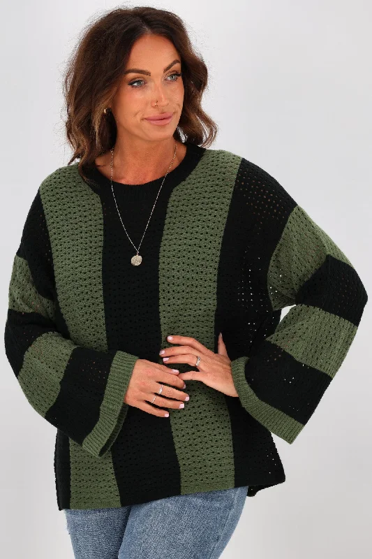 Women's Blouse with Three-Quarter SleevesShine On Label Vertical Stripe Jumper Black Olive Women's Blouse with Three-Quarter SleevesShine On Label Vertical Stripe Jumper Black Olive