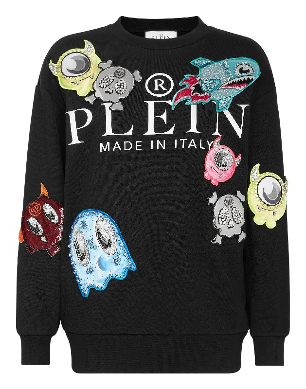 Women's Blouse with Boat NeckRoundneck Pullover Monsters with Crystals