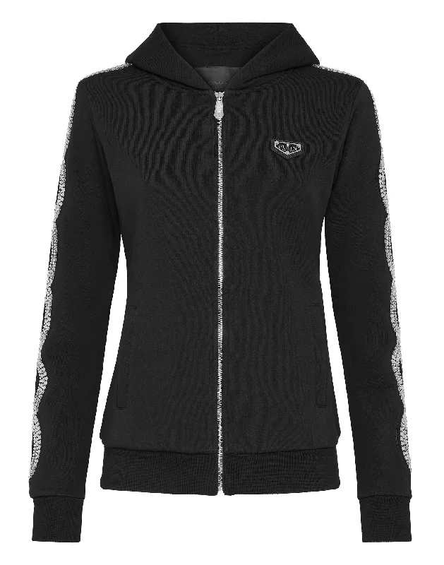 Women's Blouse with Cap SleevesHoodie sweatshirt Full Zip Crystal Cable