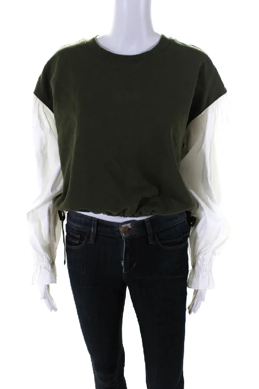 Women's Blouse with LaceCinq à Sept Womens Olive Green Cotton Long Sleeve Sweatshirt Blouse Top
