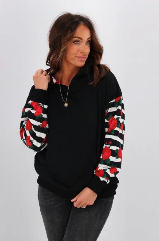 Women's Blouse with Puffed SleevesShine On Label Lailah Hooded Sweatshirt with Floral Striped Sleeves & Hood Lining Women's Blouse with Puffed SleevesShine On Label Lailah Hooded Sweatshirt with Floral Striped Sleeves & Hood Lining