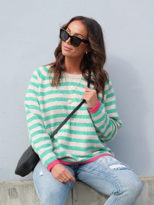 Women's Blouse with SmockingShine On Label Georgie Striped Colour Pop Jumper Green Oatmeal Stripe