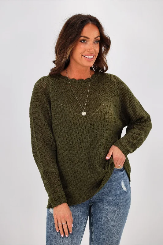 Women's Blouse with Lapel CollarJane James Feefee Pointelle Sweater Moss