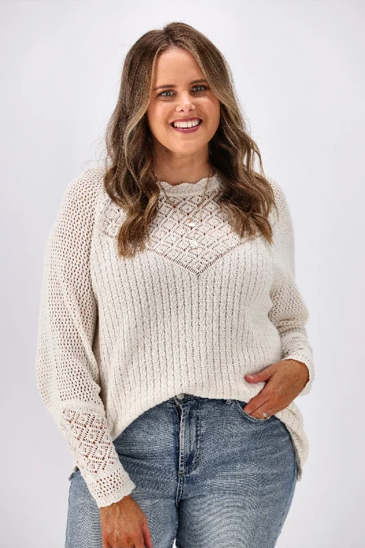 Women's Blouse with Notched CollarJane James Feefee Pointelle Sweater Ivory
