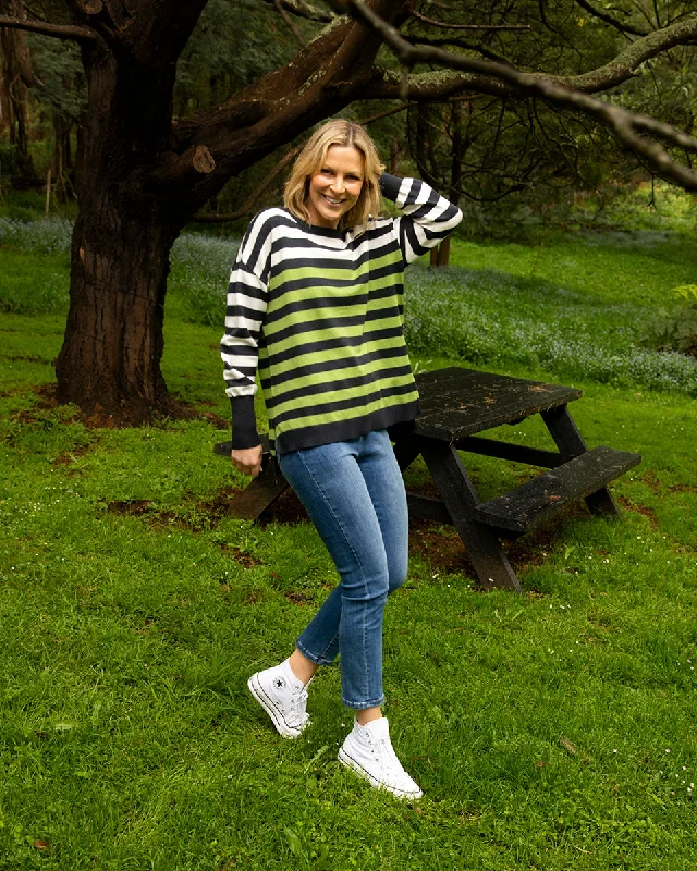 Women's Blouse with V-Shaped HemElm Lexi Stripe Knit Green Navy Stripe