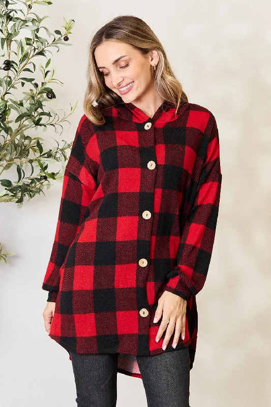 Women's Blouse for ChurchFull Size Plaid Button Front Hooded Shirt