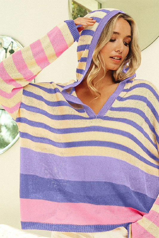 Women's Long-Sleeve BlouseStriped Color Block  Hooded Knit Top
