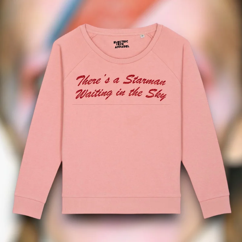 Women's Blouse with Cropped Length'THERE'S A STARMAN WAITING IN THE SKY' glitter embroidered organic relaxed fit women's raglan 'dazzler' sweatshirt - inspired by David Bowie