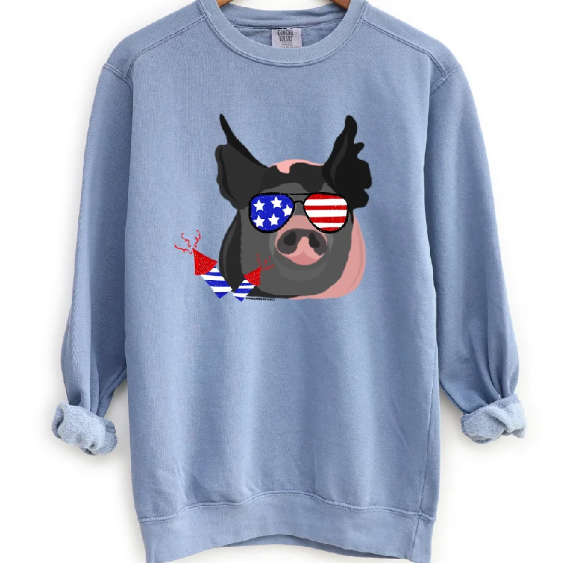 Women's Blouse with RufflesRed White Blue Pig Crewneck (S-3XL) - Multiple Colors!