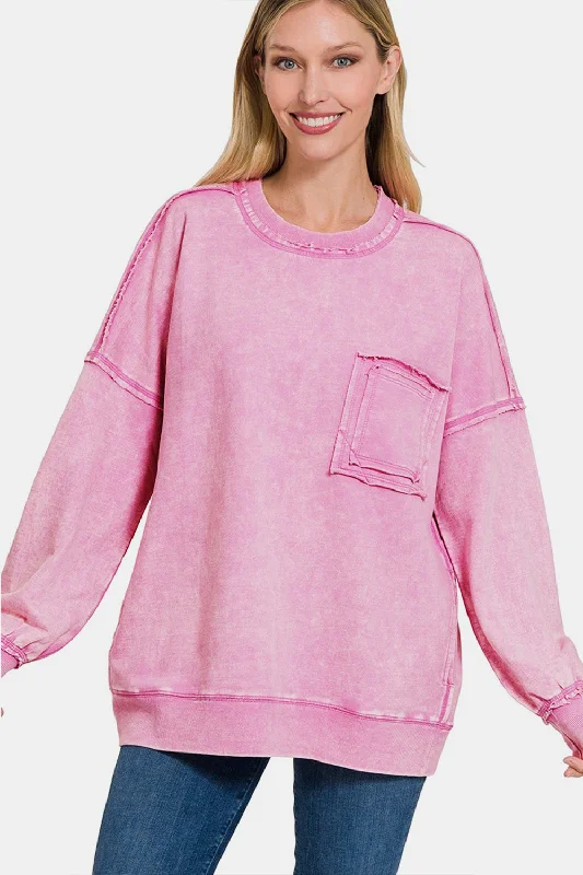 Women's Blouse for PartyExposed Seam Round Neck Dropped Shoulder Sweatshirt