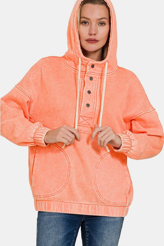 Women's Blouse with Lapel CollarDrawstring Half Snap Dropped Shoulder Hoodie