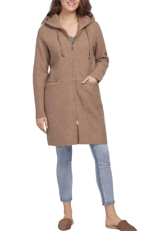 Women's Blouse with Notched CollarLong Wool Hooded Coat In Brown