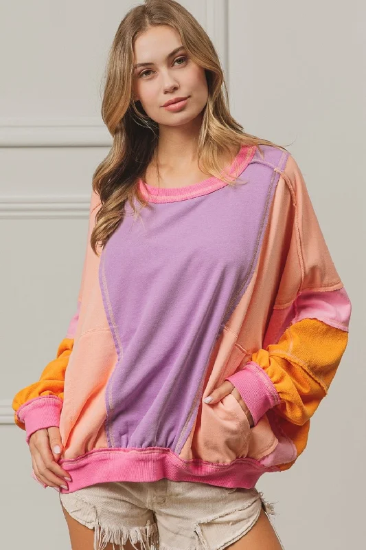 Women's Blouse with Collarless DesignColor Block Exposed Seam Sweatshirt with Pockets