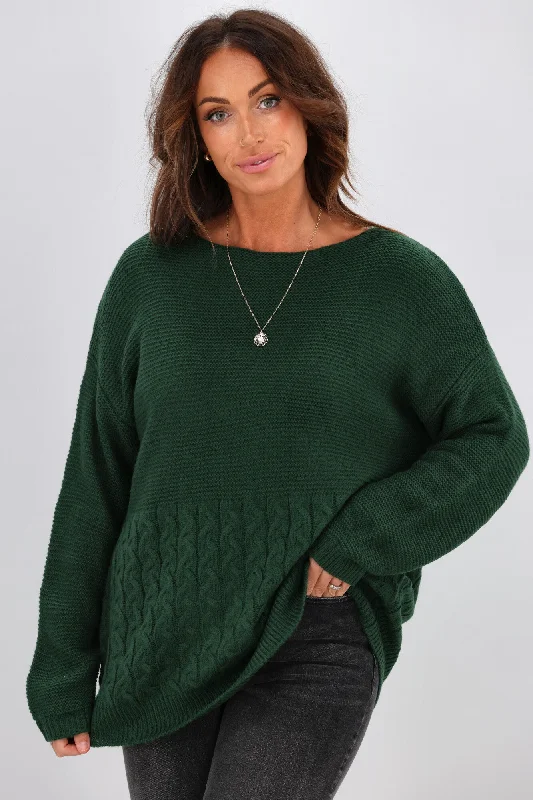 Women's Blouse with Sweetheart CollarShine On Label Maria Cable Detail Drop Shoulder Jumper Forest Green