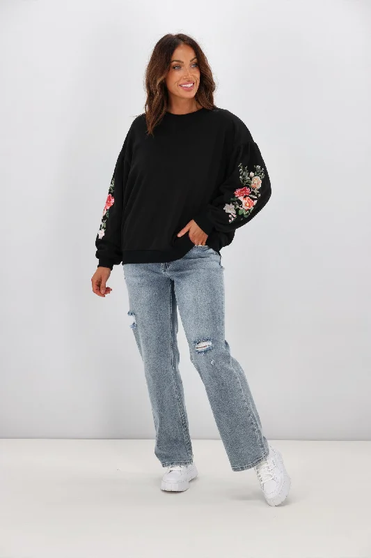Women's Blouse with Mandarin CollarShine On Label Rosetta Embroidered Sleeve Crew Black