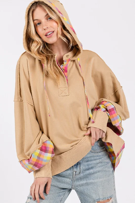 Women's Blouse with ShirringSAGE + FIG Full Size Plaid Print Washed Hoodie